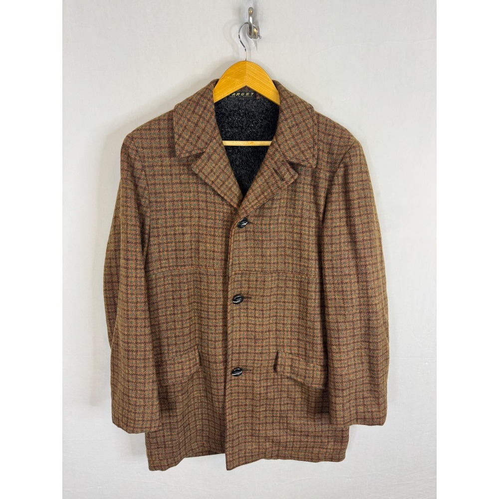 Vintage 70s Target Canada Brown Plaid Wool Orlon Pile Lined Car Coat Mens 38